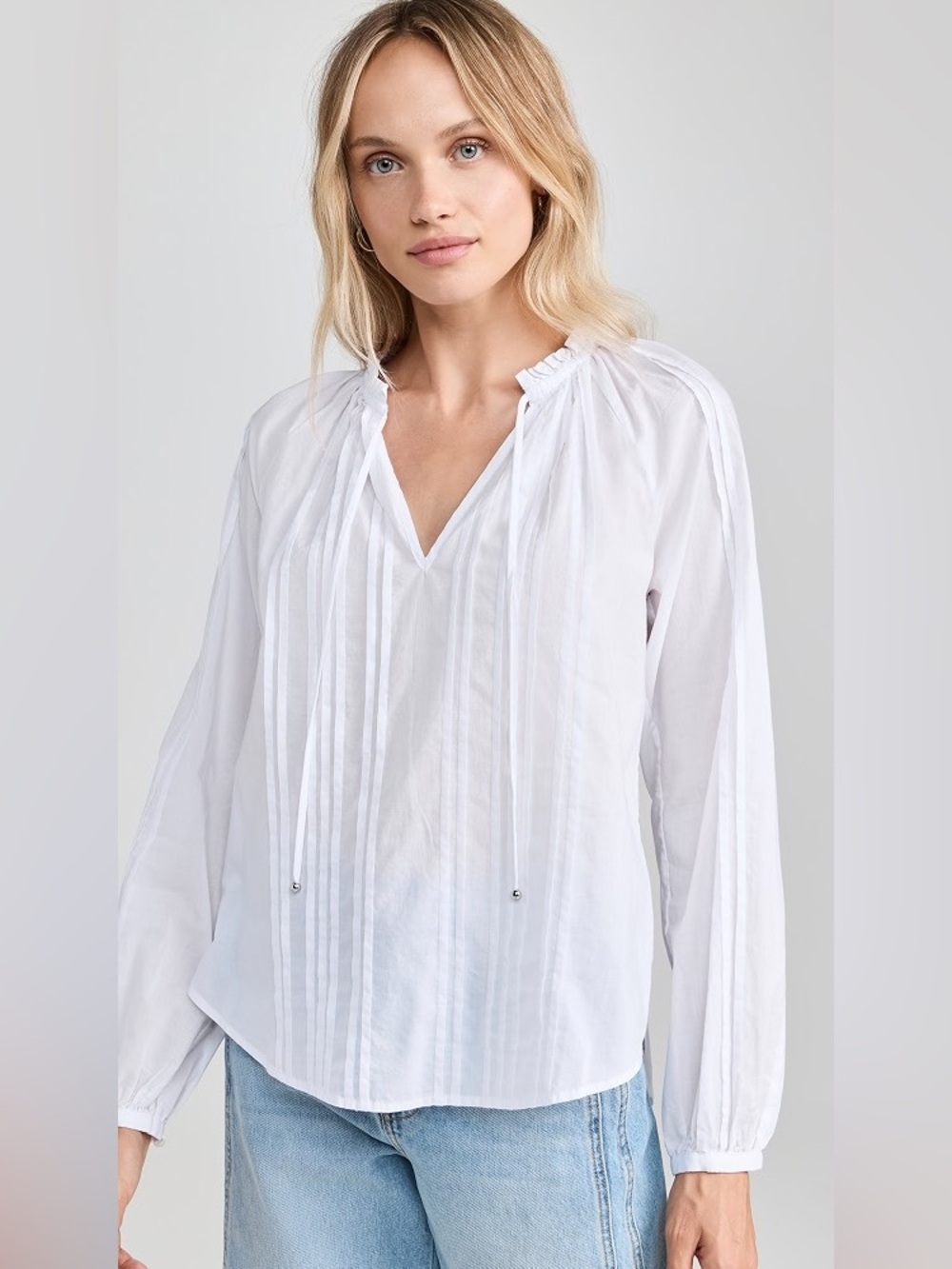 NWT Veronica Beard White Jaxon Pintuck Tie Blouse Size L